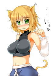 Rule 34 | 1girl, adapted costume, alternate breast size, animal ears, arm warmers, bare shoulders, blonde hair, blush, breasts, cat ears, cat tail, ear wiggle, green eyes, highres, kemonomimi mode, large breasts, looking at viewer, md5 mismatch, midriff, mizuhashi parsee, navel, paw pose, sideboob, simple background, sleeveless, sleeveless turtleneck, solo, tail, tank top, touhou, turtleneck, us2s, white background