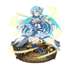 Rule 34 | 1girl, adapted costume, asuna (sao-alo), blue eyes, blue hair, blue thighhighs, blue wings, bracelet, breasts, choker, cleavage, detached sleeves, floating hair, full body, holding, holding sword, holding weapon, jewelry, long hair, looking at viewer, medium breasts, miniskirt, pointy ears, simple background, skirt, smile, solo, sword, sword art online, thighhighs, transparent background, very long hair, weapon, wings