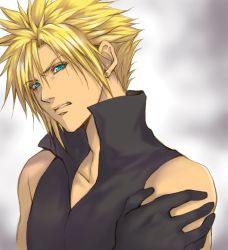Rule 34 | 1boy, bare shoulders, blonde hair, blue eyes, clenched teeth, cloud strife, collarbone, earrings, final fantasy, final fantasy vii, final fantasy vii advent children, garakuta (chika), gloves, high collar, jewelry, male focus, popo (popochan-f), solo, spiked hair, square enix, teeth, turtleneck