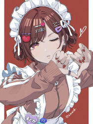 Rule 34 | 1girl, ;o, absurdres, alternate costume, apron, blush, brown hair, enmaided, fingernails, frilled apron, frills, hair ornament, hair rings, hairclip, hairpin, heart, heart hands, highres, higuchi madoka, idolmaster, idolmaster shiny colors, jacket, jersey maid, jewelry, looking at viewer, maid, mole, mole under eye, momomoi momoi, nail polish, name tag, one eye closed, open clothes, open jacket, pillarboxed, revision, ring, simple background, solo, unconventional maid, white apron