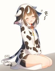 Rule 34 | 1girl, absurdres, animal ear fluff, animal ears, animal hood, animal print, black shorts, blush, brown hair, chinese zodiac, closed eyes, collar, coreytaiyo, cow ears, cow hood, cow horns, cow print, cow tail, dated, facing viewer, fake animal ears, fake horns, grey background, heart, highres, hood, hood up, hooded jacket, horns, jacket, kneehighs, multicolored hair, open mouth, original, print jacket, red collar, seiza, short shorts, shorts, signature, sitting, socks, solo, streaked hair, tail, translation request, two-tone background, white background, white hair, white jacket, white socks, year of the ox