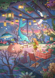 Rule 34 | 1girl, animal, brown hair, candle, cat, chair, dog, hanging plant, highres, kitsu+3, lantern, long hair, looking away, mushroom, night, original, plant, potted plant, scenery, sky, standing, star (sky), starry sky, table, tree, water