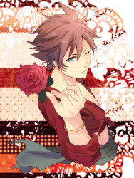 Rule 34 | 1boy, alternate costume, bartz klauser, bishounen, blue eyes, brown hair, commentary request, cropped torso, dissidia final fantasy, final fantasy, final fantasy v, flower, gold bracelet, hand up, holding, holding flower, lace, lace background, looking at viewer, male focus, midriff, minatoya mozuku, one eye closed, polka dot, red flower, red rose, red shirt, rose, shirt, short hair, smile, solo, tied shirt, upper body