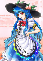 Rule 34 | 1girl, black hat, blue hair, blue skirt, commentary request, covered navel, cowboy shot, food, fruit, hand on own hip, hat, hinanawi tenshi, holding, holding weapon, keystone, long hair, looking at viewer, mail (mail gell), peach, puffy short sleeves, puffy sleeves, rainbow order, red eyes, shirt, shoes, short sleeves, skirt, solo, standing, sword, sword of hisou, touhou, weapon, white shirt