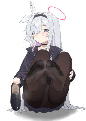 Rule 34 | 1girl, absurdres, black choker, black eyes, black footwear, black hairband, black jacket, black pantyhose, black shirt, blue archive, choker, closed mouth, feet, foot focus, full body, grey hair, hair over one eye, hairband, halo, highres, holding, holding shoes, jacket, knees up, long hair, long sleeves, no shoes, one eye covered, pantyhose, plana (blue archive), q haoyu, red halo, shirt, shoes, simple background, sitting, soles, solo, steaming body, toes, very long hair, white background