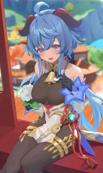 Rule 34 | 1girl, absurdres, ahoge, bare shoulders, bell, black gloves, blue hair, blurry, blurry background, bodystocking, breasts, chinese knot, commentary, cowbell, detached sleeves, flower, flower knot, ganyu (genshin impact), genshin impact, gloves, goat horns, highres, holding, holding flower, horns, long hair, looking at viewer, medium breasts, neck bell, open mouth, purple eyes, qingxin flower, red horns, sitting, solo, tassel, tomura2maru, vision (genshin impact), white flower, white sleeves