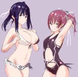 Rule 34 | 10s, 2girls, armpits, bikini, breasts, cleavage, front-tie bikini top, front-tie top, kazuno leah, kazuno sarah, large breasts, love live!, love live! sunshine!!, multiple girls, navel, one-piece swimsuit, pink eyes, ponytail, purple hair, red hair, saint snow, siblings, side-tie bikini bottom, simple background, sisters, small breasts, smile, standing, swimsuit, tagme, twintails