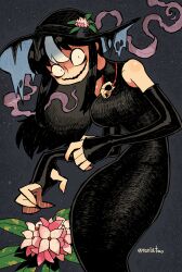 Rule 34 | 1girl, absurdres, animal skull, black dress, black hat, breasts, detached sleeves, dress, fingerless gloves, flower, gloves, hat, highres, jewelry, large breasts, long dress, long fingers, long hair, melting, multicolored hair, necklace, noss (rariatto), open hand, open mouth, original, plant, pun, rariatto (ganguri), shaded face, skull necklace, streaked hair, sun hat, torn clothes, torn hat, twitter username, wavy mouth, white hair