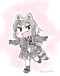 Rule 34 | 1girl, :d, alternate costume, alternate universe, animal ears, backpack, bag, black bow, black bowtie, black eyes, black footwear, black gloves, black hair, black jacket, black skirt, blazer, blush stickers, bow, bowtie, child, common raccoon (kemono friends), contemporary, dot nose, fang, full body, gloves, happy, jacket, kemono friends, leg up, long sleeves, looking at viewer, looking to the side, open mouth, outstretched arms, pale color, panzuban, pink background, pleated skirt, pocket, purple bag, raccoon ears, raccoon girl, raccoon tail, randoseru, sanpaku, school uniform, shoelaces, short hair, simple background, skirt, smile, solo, spread arms, standing, striped tail, tail, tsurime, twitter username, white legwear