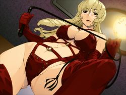 Rule 34 | 1girl, blonde hair, blush, breasts, brown eyes, cleavage, dominatrix, game cg, indoors, long hair, looking at viewer, navel, open mouth, shima ushitora, solo, sweat, whip