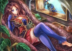 Rule 34 | 1girl, blue eyes, blue gloves, blue thighhighs, book, breasts, brown hair, closed mouth, crossed legs, dashinoya, day, fate/grand order, fate (series), frilled thighhighs, frills, gauntlets, gloves, leaf, leonardo da vinci (fate), long hair, looking at viewer, lying, on back, red skirt, single gauntlet, skirt, smile, solo, star (symbol), thighhighs