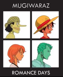 Rule 34 | 1girl, 3boys, album cover, anoniart, bandana, black hair, closed mouth, cover, crossover, demon days (gorillaz), earrings, english text, fake cover, gorillaz, green hair, hat, jewelry, long nose, monkey d. luffy, multiple boys, nami (one piece), one piece, orange hair, parody, profile, roronoa zoro, short hair, single earring, smile, straw hat, usopp
