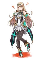 Rule 34 | 1girl, alternate costume, aono shimo, armor, bad id, bad twitter id, black pantyhose, blonde hair, blush, boots, breasts, earrings, elbow gloves, embarrassed, full body, gem, gloves, headpiece, highres, jewelry, long hair, looking at viewer, mythra (massive melee) (xenoblade), mythra (xenoblade), nintendo, pantyhose, shy, simple background, smile, solo, super smash bros., swept bangs, thigh strap, tiara, very long hair, xenoblade chronicles (series), xenoblade chronicles 2, yellow eyes