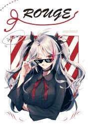Rule 34 | 1girl, :q, adjusting eyewear, alternate costume, antenna hair, arm under breasts, azur lane, black ribbon, black shirt, blouse, blush, breasts, choker, closed mouth, collared shirt, cover, cropped torso, cross, deal with it (meme), hair between eyes, hair ribbon, hand on eyewear, iron cross, large breasts, long hair, long sleeves, looking at viewer, meme, multicolored hair, nail polish, neck ribbon, one eye closed, prinz eugen (azur lane), red hair, red nails, red ribbon, ribbon, shirt, sidelocks, silver hair, smile, solo, streaked hair, sunglasses, tongue, tongue out, two side up, very long hair, wide sleeves, yoshiko (445em)
