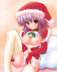 Rule 34 | 1girl, breasts, breasts out, character request, christmas, collar, cum, elbow gloves, gloves, holly, honyo, nipples, panties, purple eyes, purple hair, santa costume, solo, source request, thighhighs, underwear, white panties, white thighhighs