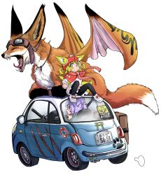 Rule 34 | 2girls, absurdres, animal, animal ears, black legwear, blonde hair, blunt bangs, blush, bow, capelet, car, chimera, closed eyes, closed mouth, clothed animal, dog child (doitsuken), dog ears, doitsuken, dress, driving, ears through headwear, fangs, fennec fox, footwear bow, fox, fox child (doitsuken), fox ears, fox tail, goggles, goggles on head, hand on headwear, hat, highres, jewelry, katana, long sleeves, looking at viewer, motor vehicle, multiple girls, multiple tails, necklace, on vehicle, open mouth, original, oversized animal, pantyhose, purple hair, red bow, red capelet, red eyes, red hat, scabbard, sheath, sheathed, shoes, simple background, sitting, smile, spread legs, sword, tail, torii, vehicle focus, watch, weapon, white background, white dress, wings, wristwatch, yawning, yellow eyes