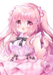 Rule 34 | 1girl, absurdres, black ribbon, breasts, chiika (cure cherish), dress, dress shirt, frilled dress, frilled shirt, frilled sleeves, frills, hair between eyes, hair ornament, hair ribbon, hairpin, highres, large breasts, looking at viewer, original, pink dress, pink shirt, pink skirt, ribbon, shirt, short sleeves, simple background, skirt, smile, tia (chiika cure cherish), twintails, white background