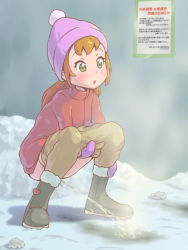 Rule 34 | 1girl, black footwear, blush, boots, breath, brown hair, brown pants, clothes pull, green eyes, hat, highres, jacket, kusashige, long hair, long sleeves, mittens, open mouth, pants, pants pull, peeing, pink headwear, puddle, purple mittens, red jacket, rock, snow, squatting, steam, wall