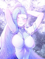 Rule 34 | 1girl, arm strap, blue hair, blush, breasts, collarbone, commission, hair over one eye, halterneck, highres, k/da all out seraphine superstar, korean commentary, large breasts, league of legends, leaning to the side, lolboja, long bangs, long hair, looking at viewer, official alternate costume, parted lips, ponytail, seraphine (league of legends), solo, very long hair