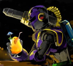 Rule 34 | 1boy, android, commentary request, cup, drinking straw, food, fruit, helmet, holding, holding cup, juice, male focus, mega man (series), mega man x (series), orange (fruit), sitting, solo, vile (mega man), yuriyuri (ccc)