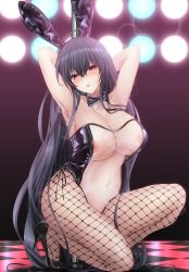 Rule 34 | 1girl, :d, alternate costume, animal ears, areola slip, armpits, arms behind head, arms up, azur lane, bare shoulders, black hair, black leotard, blush, breasts, checkered floor, cleavage, covered navel, detached collar, fake animal ears, fishnet pantyhose, fishnets, full body, high heels, highres, large breasts, legs, leotard, long hair, looking at viewer, meme attire, momijizuki luna, navel, nipple slip, nipples, on one knee, open mouth, pantyhose, parted lips, playboy bunny, pole, rabbit ears, red eyes, revealing clothes, see-through, see-through leotard, side-tie leotard, smile, solo, stage lights, taihou (azur lane), teeth, thighs, translucent bunnysuit, upper teeth only, very long hair