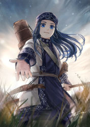 Rule 34 | 10s, 1girl, ainu, ainu clothes, asirpa, bandana, black hair, blue eyes, bow (weapon), cowboy shot, dagger, earrings, golden kamuy, grass, hoop earrings, jewelry, knife, long hair, looking at viewer, outstretched hand, scabbard, sheath, signature, sky, smile, solo, star (sky), starry sky, weapon, yum (unlucky)