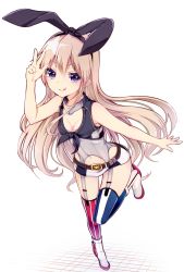 Rule 34 | 1girl, :p, absurdres, alternate eye color, ankle boots, asymmetrical legwear, bare shoulders, belt, black hairband, blonde hair, boots, breasts, cleavage, cosplay, front-tie top, garter straps, hairband, high heel boots, high heels, highres, iowa (kancolle), iowa (kancolle) (cosplay), kantai collection, leaning forward, long hair, looking at viewer, miniskirt, mismatched legwear, purple eyes, shimakaze (kancolle), simple background, skirt, small breasts, solo, striped clothes, striped skirt, striped thighhighs, suishin tenra, suitenjh, thighhighs, tongue, tongue out, vertical-striped clothes, vertical-striped skirt, vertical-striped thighhighs, white footwear