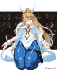 Rule 34 | 1girl, animal ears, artoria pendragon (all), artoria pendragon (fate), artoria pendragon (swimsuit ruler) (fate), blonde hair, breasts, cleavage, clothing cutout, detached collar, fake animal ears, fate/grand order, fate (series), fishnet pantyhose, fishnets, green eyes, high ponytail, highres, holster, ifuji shinsen, large breasts, leotard, navel cutout, necktie, pantyhose, playboy bunny, rabbit ears, sidelocks, skindentation, solo, striped, thigh strap, thighs, twitter username, vertical stripes, wrist cuffs