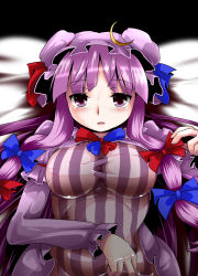 Rule 34 | 1girl, breasts, crescent, dress, female focus, hat, lilish, long hair, looking at viewer, patchouli knowledge, purple eyes, purple hair, skin tight, solo, sweat, touhou