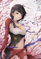 Rule 34 | 10s, 1girl, ahoge, blood, blood on arm, blood on chest, blood on face, blood on hands, blood splatter, breasts, cleavage, convenient censoring, covered erect nipples, from behind, gluteal fold, groin, hd-hlh-3h, highres, koutetsujou no kabaneri, medium breasts, mumei (kabaneri), navel, panties, ribbon, short hair, solo, thighs, torn clothes, underwear, yellow eyes