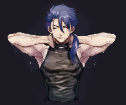 Rule 34 | 1boy, angry, black background, blue hair, choker, cu chulainn (fate), cu chulainn (fate/prototype), earrings, fate/prototype, fate (series), frown, hoop earrings, jewelry, long hair, looking to the side, male focus, one eye closed, ponytail, red eyes, shirt, simple background, skin tight, sleeveless, sleeveless shirt, solo, sou (e1209), spiked hair, type-moon, wet, wet clothes, wet shirt