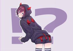 Rule 34 | 1boy, black hood, black shorts, closed mouth, demon horns, hair between eyes, highres, horns, jijii (chang g), male focus, red hair, riddle rosehearts, short hair, shorts, solo, striped clothes, striped thighhighs, thighhighs, twisted wonderland, wings
