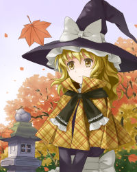 Rule 34 | 1girl, adapted costume, autumn, autumn leaves, blonde hair, braid, capelet, day, expressionless, falling leaves, female focus, hat, kirisame marisa, leaf, maple leaf, outdoors, plaid, short hair, solo, stone lantern, touhou, tucana, v arms, witch, witch hat, yellow eyes