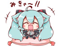 Rule 34 | 1girl, ahoge, animal ears, blush, cat ears, chibi, cushion, closed eyes, green hair, hatsune miku, long hair, open mouth, outstretched arms, ritateo, sitting, smile, spread arms, twintails, vocaloid