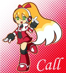Rule 34 | 1girl, big hair, blonde hair, boots, call (mighty no. 9), call f, character name, gradient background, green eyes, hair ribbon, highres, kamira-exe, knee boots, long hair, mighty no. 9, ponytail, ribbon, robot, robot ears, skirt, smile, solo, striped, striped sleeves