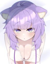 Rule 34 | 1girl, absurdres, ahoge, animal ears, artist request, blush, breasts, cat ears, cat girl, cleavage, collarbone, dress shirt, highres, hololive, large breasts, leaning forward, light purple hair, looking at viewer, neck ribbon, nekomata okayu, purple eyes, ribbon, shirt, solo, virtual youtuber, white background
