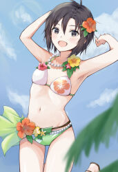 Rule 34 | 1girl, :d, antenna hair, armpits, arms up, bead belt, bead necklace, beads, bikini, black hair, blue sky, blurry, blurry foreground, brown eyes, cloud, collarbone, commentary, feet up, floral print, flower, green bikini, hair flower, hair ornament, hibiscus, idolmaster, idolmaster (classic), jewelry, jumping, kikuchi makoto, looking at viewer, mogskg, multicolored clothes, multicolored swimsuit, navel, necklace, open mouth, orange bikini, orange flower, pink flower, short hair, sky, smile, solo, swimsuit, swimsuit cover-up, thigh gap, white bikini, yellow flower