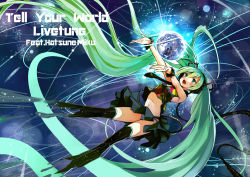 Rule 34 | 1girl, earth (planet), gaou (umaiyo puyoman), green eyes, green hair, hatsune miku, headphones, long hair, matching hair/eyes, midriff, necktie, outstretched arms, panties, pantyshot, planet, skirt, solo, space, striped clothes, striped panties, tell your world (vocaloid), thighhighs, twintails, underwear, upskirt, very long hair, vocaloid