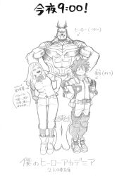 Rule 34 | &gt;:), 1girl, 2boys, ^ ^, absurdres, age difference, all might, ankle boots, antenna hair, arched back, arrow (symbol), belt, belt pouch, blush, bodysuit, boku no hero academia, boots, bow, bowtie, buckle, buttons, check clothing, closed eyes, closed mouth, clothing request, collared shirt, commentary request, copyright name, cross-laced footwear, dress shirt, facing to the side, freckles, glasses, gloves, graphite (medium), grey background, greyscale, grin, hair over shoulder, hands on own hips, happy, hatching (texture), highres, horikoshi kouhei, imitating, leaning to the side, linear hatching, long hair, looking ahead, male focus, mask, mask around neck, melissa shield, midoriya izuku, monochrome, mouth mask, multiple boys, muscular, muscular male, open mouth, pac-man eyes, plaid bow, plaid bowtie, plaid clothes, plaid thighhighs, pouch, puffy chest, shaded face, shirt, shoes, short hair, short sleeves, side-by-side, sidelocks, simple background, sleeve cuffs, smile, snap-fit buckle, sneakers, spiked hair, split mouth, standing, superhero costume, swept bangs, tall male, text focus, thick eyebrows, tight clothes, timestamp, tiptoes, traditional media, translation request, turning head, utility belt, v-shaped eyebrows, vest, waistcoat, yagi toshinori