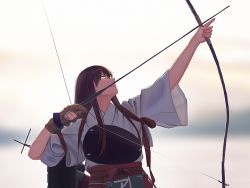 Rule 34 | 10s, 1girl, akagi (kancolle), arrow (projectile), blurry, bow (weapon), brown eyes, brown hair, cloud, commentary request, cropped, depth of field, derivative work, drawing bow, flight deck, gloves, hakama, hakama skirt, holding, holding bow (weapon), holding weapon, japanese clothes, kantai collection, long hair, looking up, muneate, ocean, partially fingerless gloves, partly fingerless gloves, quiver, red hakama, rigging, sidelocks, single glove, sketch, skirt, sky, smile, solo, tasuki, weapon, wide sleeves, yue (tada no saboten), yugake, yumi (bow)