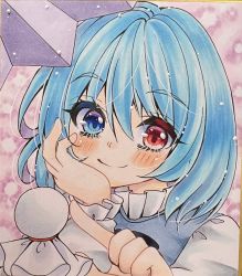 Rule 34 | 1girl, blue eyes, blue hair, closed mouth, hand on own face, heterochromia, highres, long sleeves, looking at viewer, masaki (masarin0909), pink background, purple umbrella, red eyes, short hair, smile, solo, tatara kogasa, touhou, traditional media, umbrella, upper body
