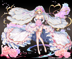 Rule 34 | 1girl, apple caramel, bare shoulders, blonde hair, blue eyes, bouquet, breasts, cleavage, company name, detached sleeves, dress, flower, full body, gold trim, grey background, hair flower, hair ornament, hair ribbon, highres, holding, holding bouquet, kurokishi to shiro no maou, looking at viewer, medium breasts, official art, petals, pink ribbon, ribbon, short hair, standing, thigh strap, veil, wedding dress, white dress