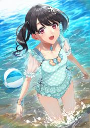 Rule 34 | 1girl, absurdres, aqua one-piece swimsuit, arms at sides, ball, beachball, black hair, blush, bracelet, breasts, collarbone, fang, frilled one-piece swimsuit, frills, fukumaru koito, highres, idolmaster, idolmaster shiny colors, jewelry, looking at viewer, nail, one-piece swimsuit, polka dot, polka dot swimsuit, puffy short sleeves, puffy sleeves, red eyes, reflection, reflective water, see-through, see-through sleeves, short sleeves, skin fang, small breasts, smile, solo, splashing, starfish hair ornament, swimsuit, thighs, twintails, wading, zelo6