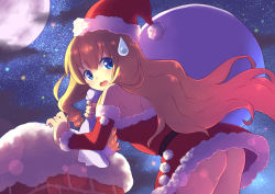 Rule 34 | 10s, 1girl, amagi brilliant park, ass, bare shoulders, blonde hair, blush, bottomless, chimney, christmas, detached sleeves, from behind, full moon, fur trim, hat, highres, latifa fleuranza, long hair, looking at viewer, looking back, moon, moonhackle, night, night sky, open mouth, over shoulder, sack, santa costume, santa hat, sky, snow, solo, star (sky), starry sky, sweatdrop, very long hair