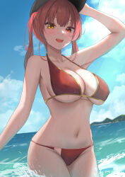 Rule 34 | 1girl, :d, arm up, baseball cap, bikini, black hat, blue sky, blush, breasts, cloud, collarbone, day, gold trim, haro art, hat, heterochromia, hololive, houshou marine, houshou marine (summer), large breasts, long hair, looking at viewer, navel, ocean, open mouth, outdoors, red bikini, red hair, sky, smile, solo, stomach, swimsuit, twintails, virtual youtuber, wading, water, wet