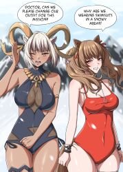 Rule 34 | 2girls, absurdres, angelina (arknights), angelina (summer flower) (arknights), animal ears, arknights, black one-piece swimsuit, bracelet, breasts, brown hair, carnelian (arknights), carnelian (shimmering dew) (arknights), clenched hand, commentary, covered navel, english commentary, english text, fox ears, fox girl, fox tail, goat ears, goat girl, goat horns, highres, horns, jewelry, large breasts, multiple girls, necklace, official alternate costume, one-piece swimsuit, one eye closed, open mouth, outdoors, red eyes, red one-piece swimsuit, speech bubble, swimsuit, symmetricturd, tail, white hair, yellow eyes