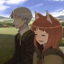 Rule 34 | 00s, 1boy, 1girl, animal ears, cloak, craft lawrence, closed eyes, go robots, holo, jacket, spice and wolf, wolf ears