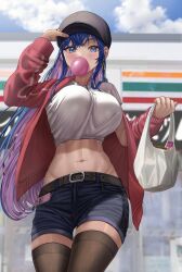 Rule 34 | 1girl, bag, baseball cap, bet, blue eyes, blue hair, blurry, blurry background, breasts, blowing bubbles, cellphone, chewing gum, colored inner hair, convenience store, cowboy shot, crop top, hat, highres, holding, holding clothes, holding hat, jacket, large breasts, linea alba, long hair, looking at viewer, midriff, multicolored hair, navel, open clothes, open jacket, original, phone, pink hair, shirt, shop, shopping bag, short shorts, shorts, silvertsuki, smartphone, solo, thighhighs, white shirt