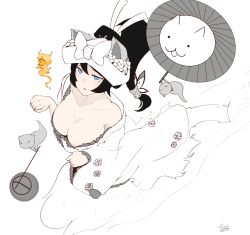 Rule 34 | 1girl, aopzx1216, black hair, blue eyes, breasts, cat (battle cats), cleavage, dress, flower, hat, highres, hitodama, large breasts, long hair, nyanko daisensou, parasol, ponytail, solo, spirit, umbrella, white dress, white hat