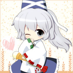 Rule 34 | 1girl, bad id, bad pixiv id, blush, cocozasa, covering face, covering own mouth, covering privates, female focus, food, grey eyes, grey hair, hat, heart, highres, ice cream, japanese clothes, mononobe no futo, one eye closed, ponytail, ribbon, short hair, smile, solo, star (symbol), tate eboshi, touhou, wink